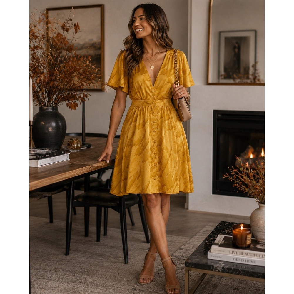 House of Harlow x REVOLVE Boho Chic Yellow Satin Mini Dress Summer Fall Sz M